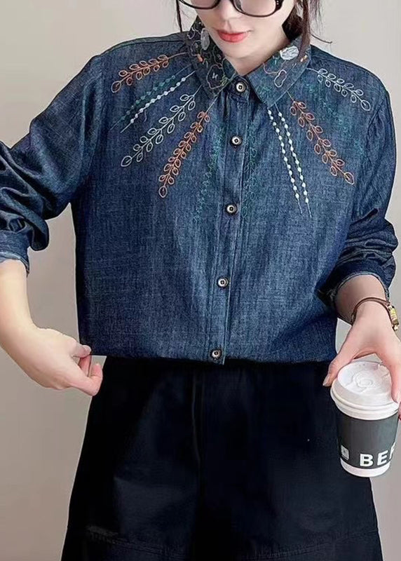 Denim Blue Peter Pan Collar Embroidered Button Shirt Long Sleeve