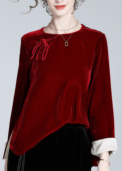 Natural Mulberry O-neck Side Open Silk Velour Shirts Long Sleeve
