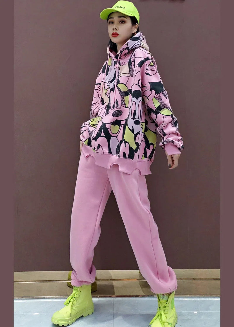 Pink Animal Print Warm Fleece Two Pieces Set Drawstring Spring