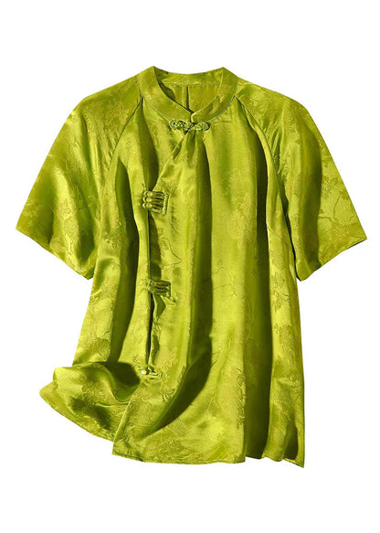 Grass Green Stand Collar Button Silk Top Short Sleeve