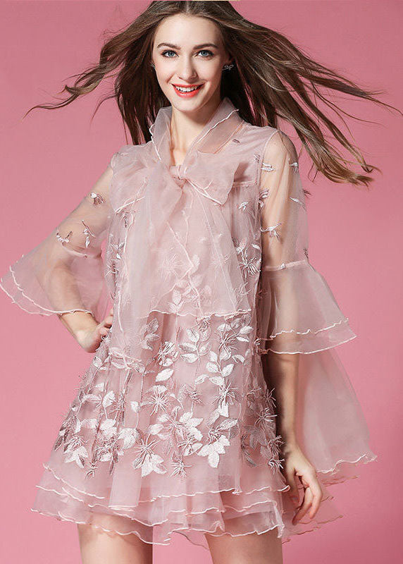Grey Bow Embroideried Hollow Out Organza Dress Summer