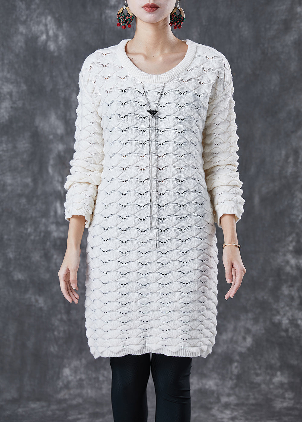 White O-neck Thick Knit Sweater Dress Winter