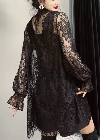 Stylish Black Hollow Out Patchwork Lace Top Fall