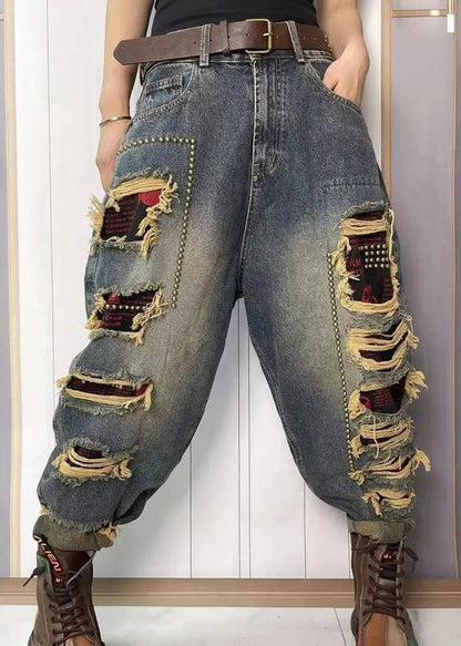 Blue Nail Bead Patchwork Sashes High Waist Ripped Jeans Summer