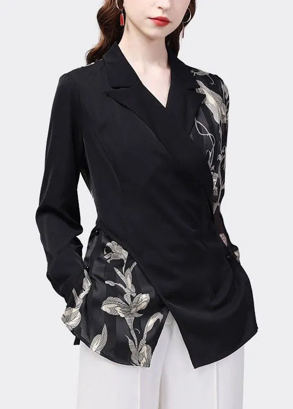 Black Peter Pan Collar Patchwork Print Chiffon Shirt Top Spring