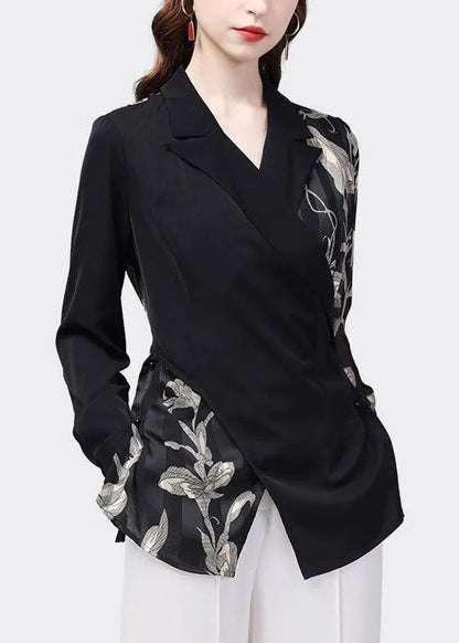 Black Peter Pan Collar Patchwork Print Chiffon Shirt Top Spring