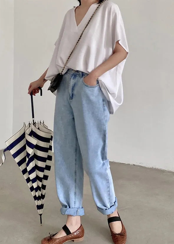 Loose White V Neck Cotton Tanks Summer