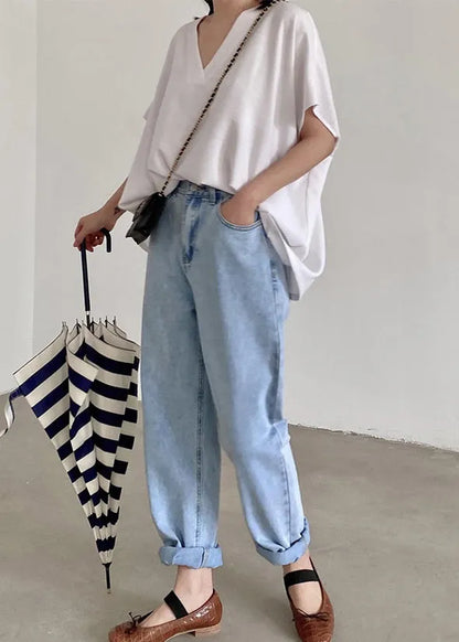 Loose White V Neck Cotton Tanks Summer
