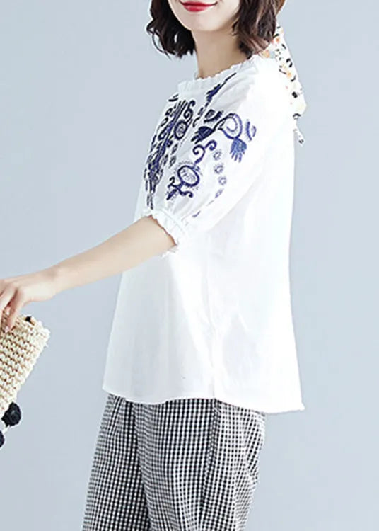 White Embroideried Cotton T Shirt Summer