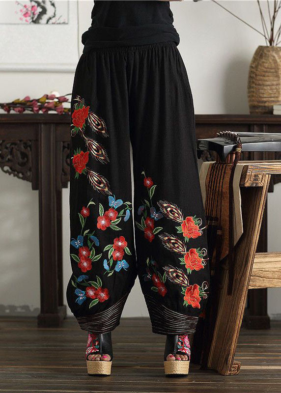 Black Embroideried Elastic Waist Pockets Cotton Lantern Pants Spring