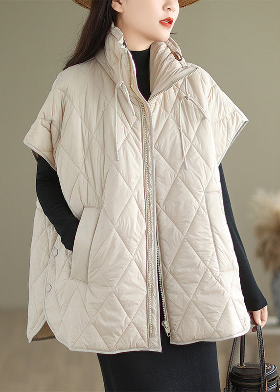 Beige Oversized Drawstring Fine Cotton Filled Puffers Vests Winter