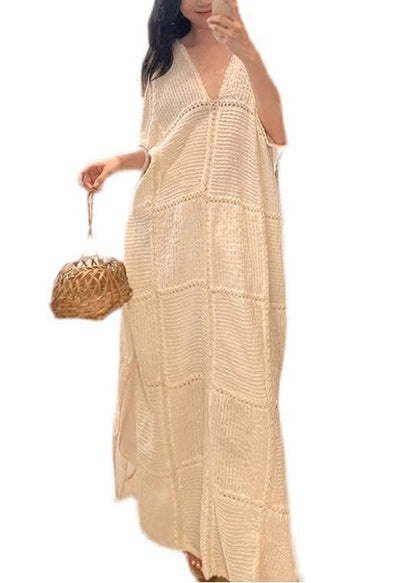 White V Neck Hollow Out Side Open Knit Dresses Half Sleeve Summer