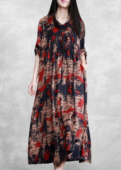 Style Black Print Tunics V Neck Large Hem Robe Spring Dresses