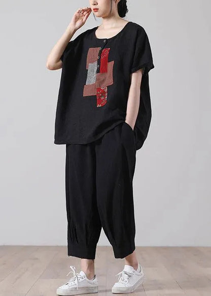 Black Patchwork Shirt Short Sleeve Cotton Linen