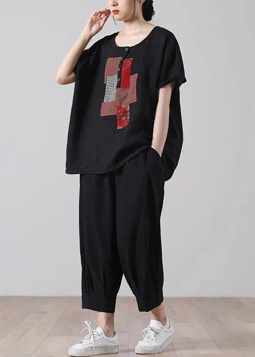 Black Patchwork Shirt Short Sleeve Cotton Linen