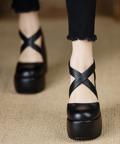 Black Sheepskin Stylish Splicing Cross Strap Wedge High Heels
