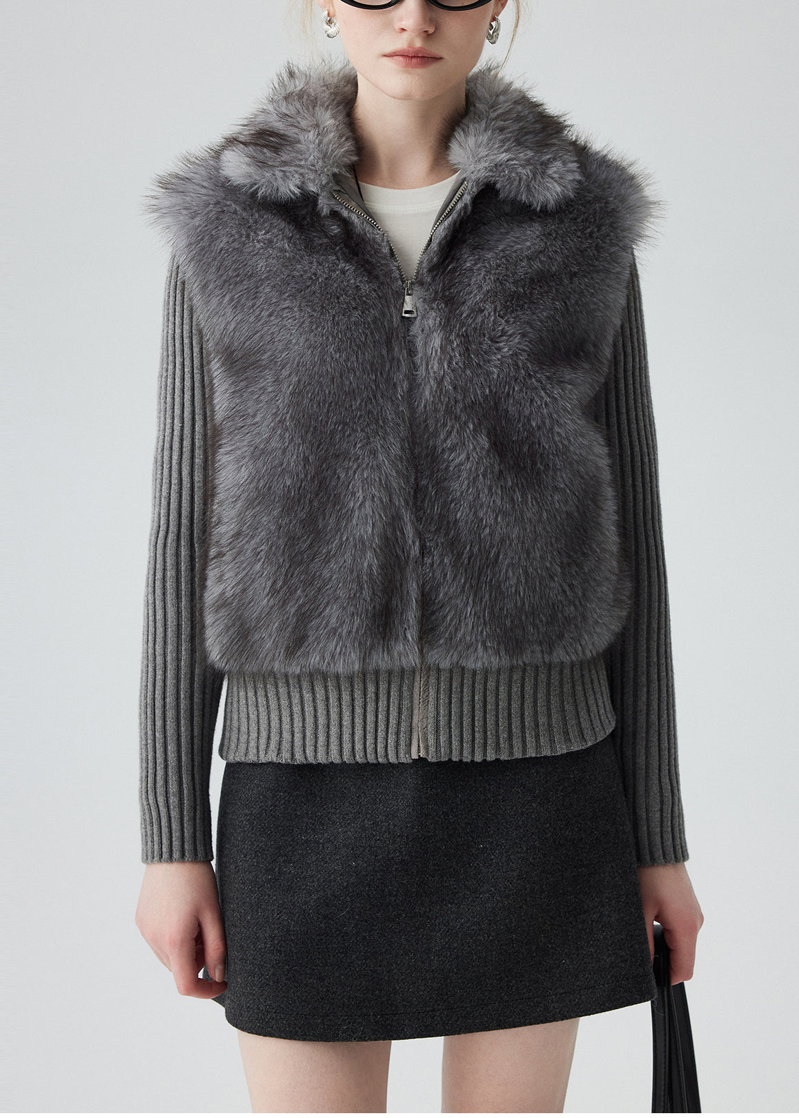 Grey Peter Pan Collar Patchwork Faux Fur Knit Cardigan Winter