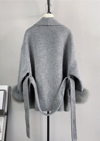 Beige Tie Waist Fox Patchwork Woolen Coats Winter