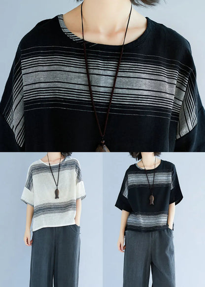 White Striped Cotton Loose Tops O-neck Batwing Sleeve