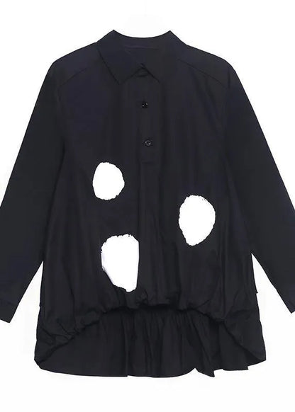 Organic Black Dot Cinched Low High Design Cotton Shirt Tops