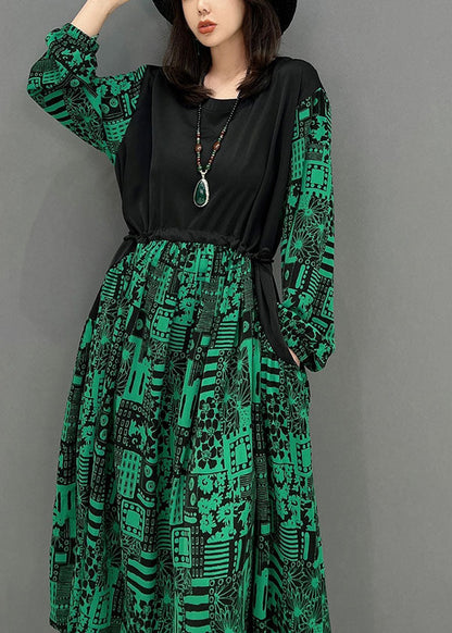 Green O-neck Patchwork Drawstring Cotton Maxi Dresses Fall