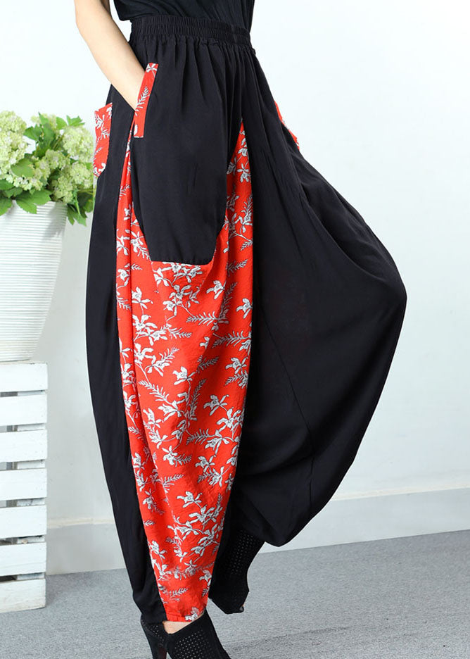 Art Black Patchwork Orange Pockets Print Spring Pants