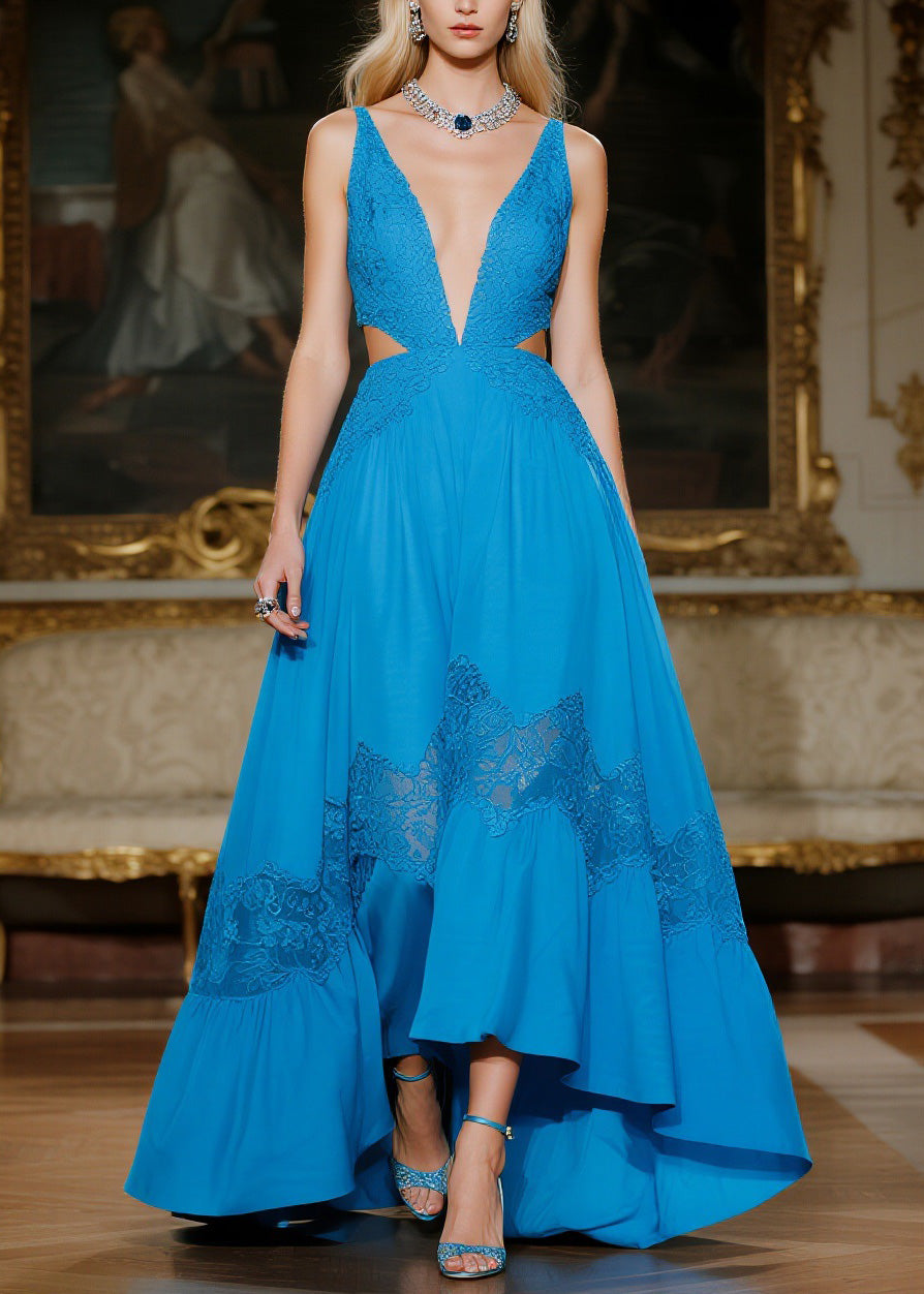 Blue Hollow Out Lace Patchwork Spaghetti Strap Dresses Summer