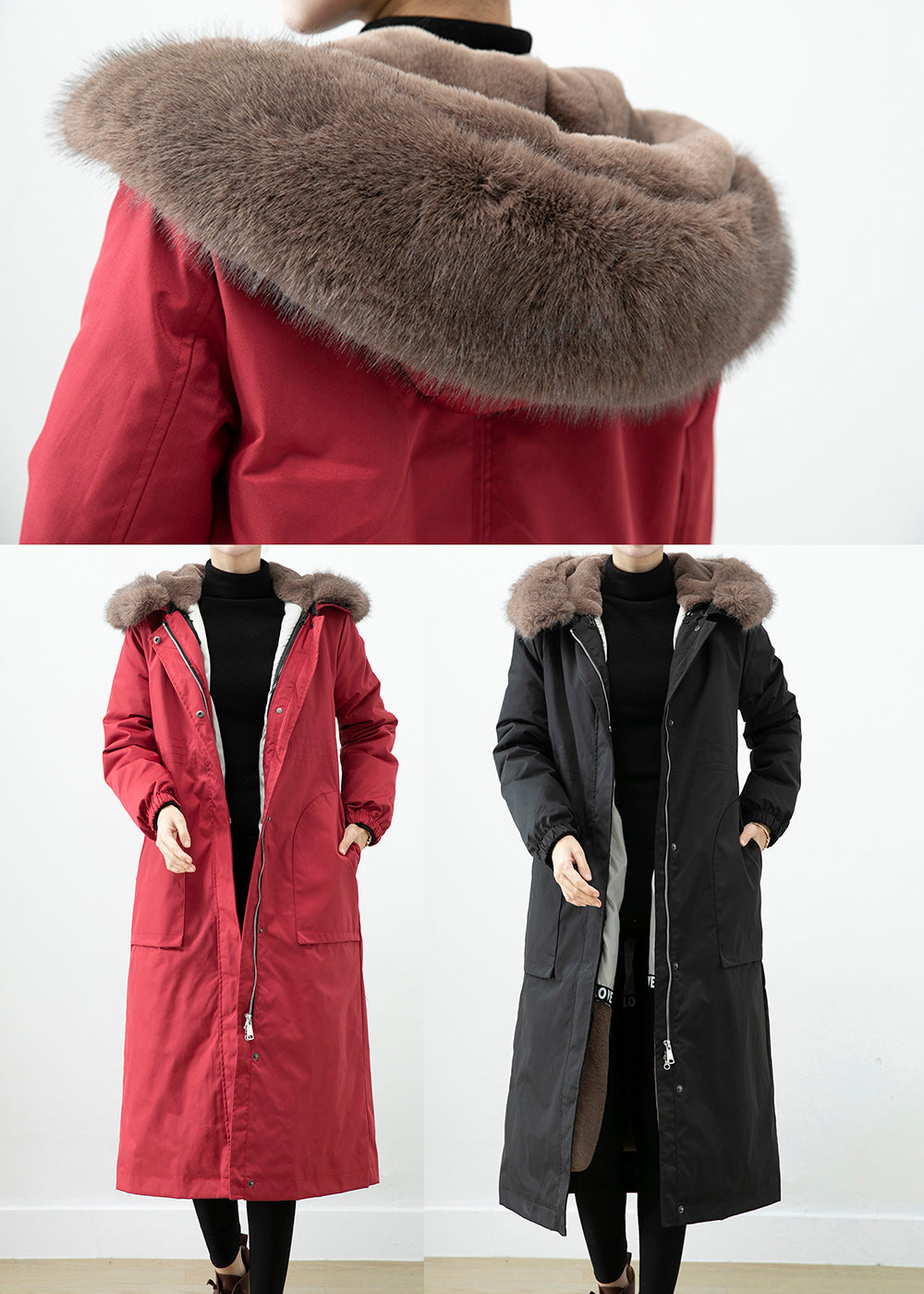 Red Warm Otter Rabbit Hair Lined Coats Fox Collar Witner