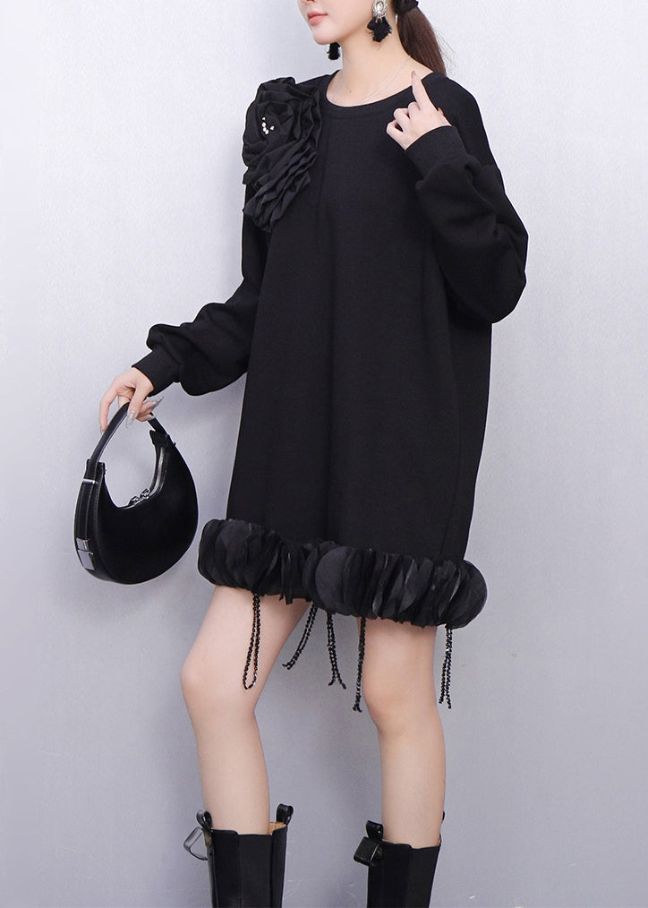 Black Tasseled Cotton Day Dress Spring