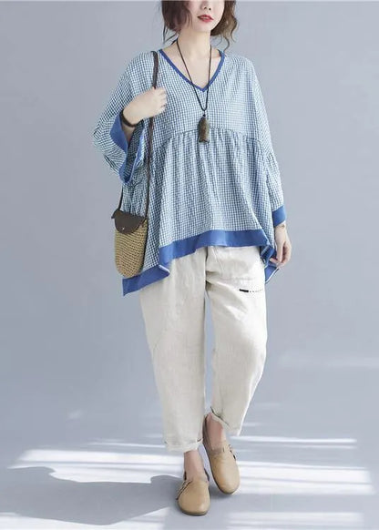 Fine Blue Plaid Patchwork Flare Sleeve Top Spring Summer