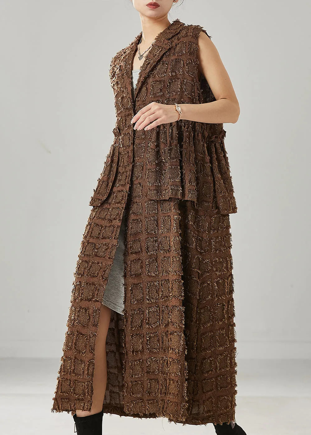 Brown Ruffled Cotton Long Vests Spring