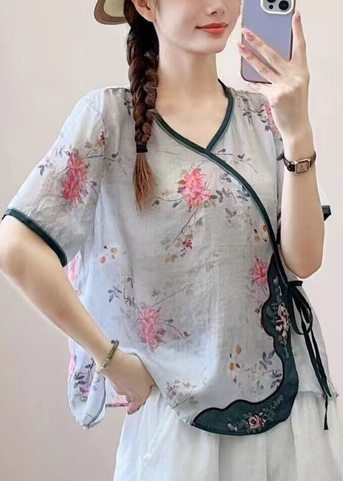 Khaki V Neck Print Lace Up Patchwork Linen Top Summer