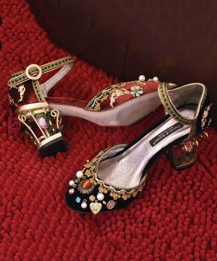 Palace Feng Zircon Flower Black Buckle Strap High Heels