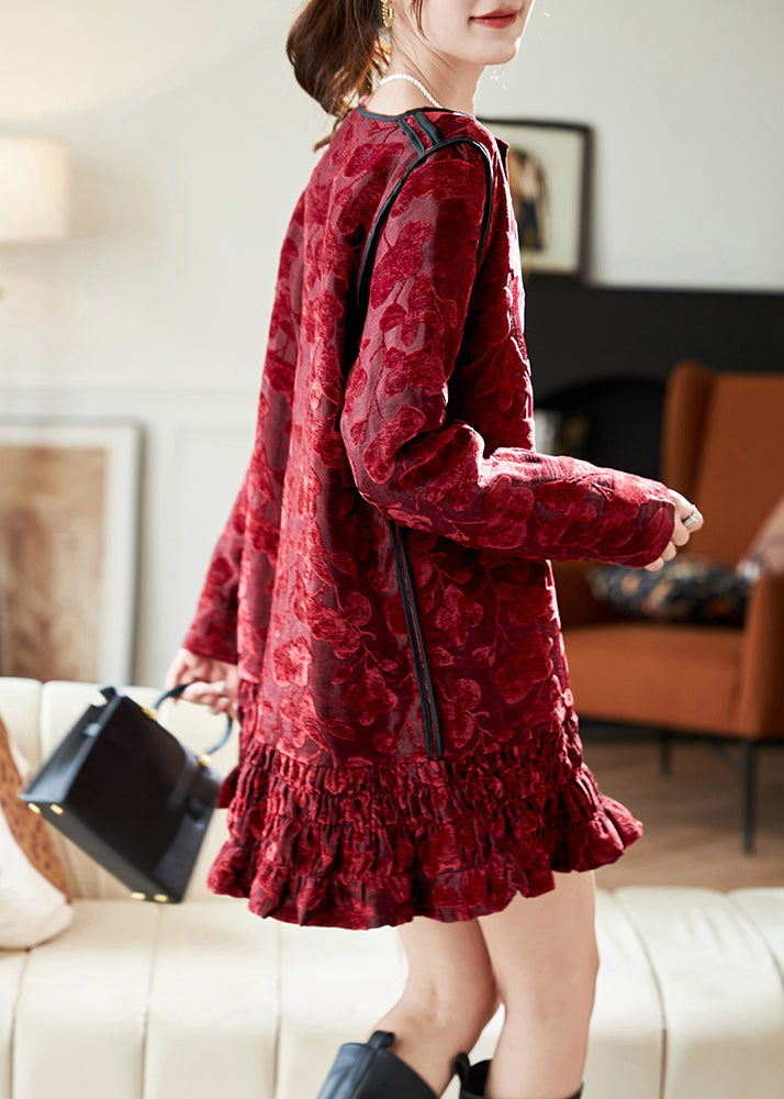 Red O Neck Ruffled Patchwork Velour Mid Dress Spring