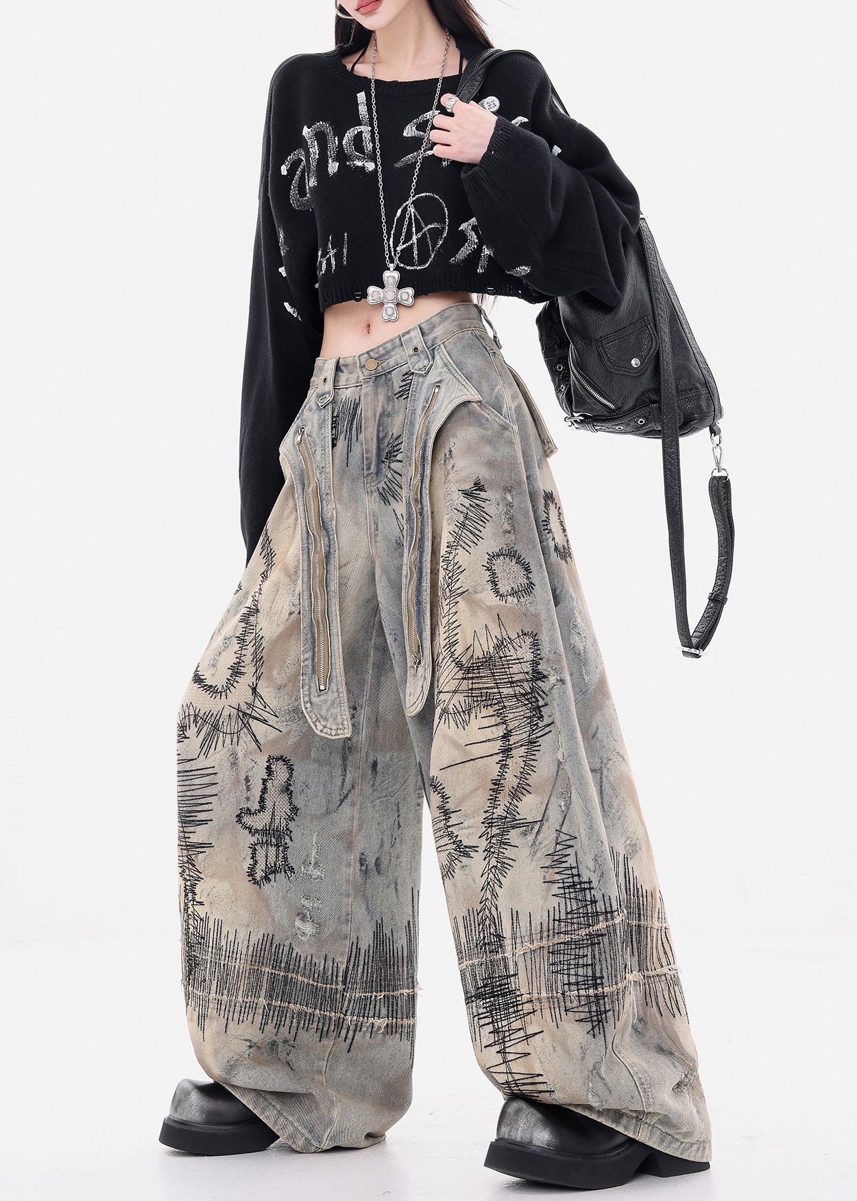Grey Embroidered Denim Wide Leg Pants Spring