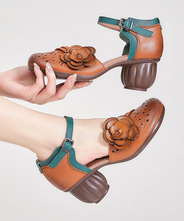 Hollow Out Chunky Heel Buckle Strap Brown Cowhide Leather