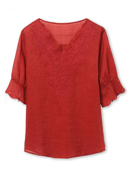 Red V Neck Embroideried Patchwork Linen Tops Summer