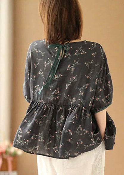Black O-neck Print Linen Cinch Shirts Short Sleeve