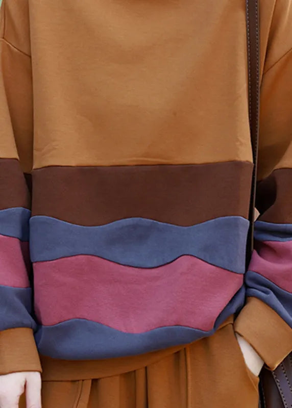 Yellow O-neck Striped Patchwork Top Long Sleeve