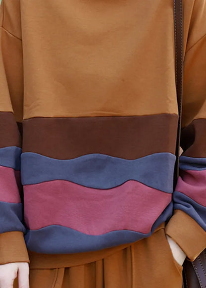 Yellow O-neck Striped Patchwork Top Long Sleeve