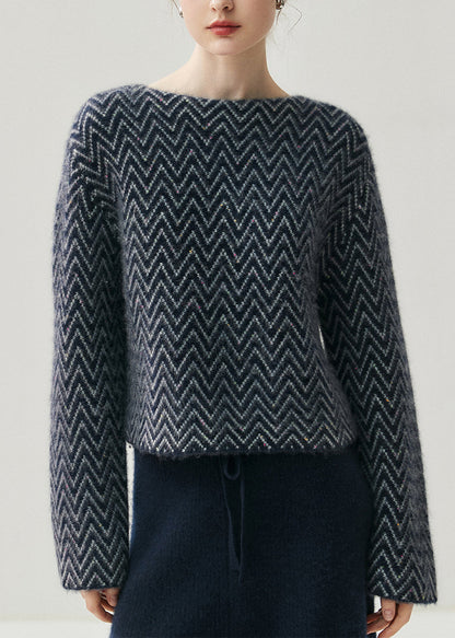 French Blue Slash Neck Striped Thick Cotton Knit Sweaters Fall