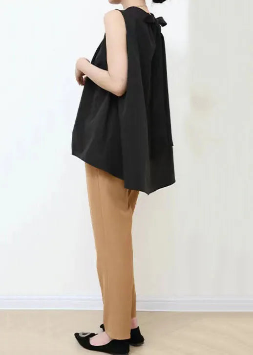 Black Wrinkled Patchwork Bow Cotton Blouses Sleeveless
