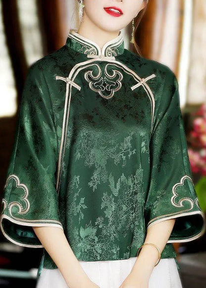 Oriental Green Stand Collar Button Silk Tops Three Quarter Sleeve