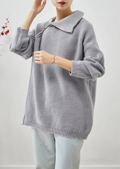 Grey Asymmetrical Zip Up Thick Knit Sweater Tops Winter