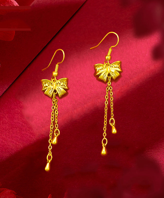 Gold Sterling Silver Overgild Bow Tassel Drop Earrings