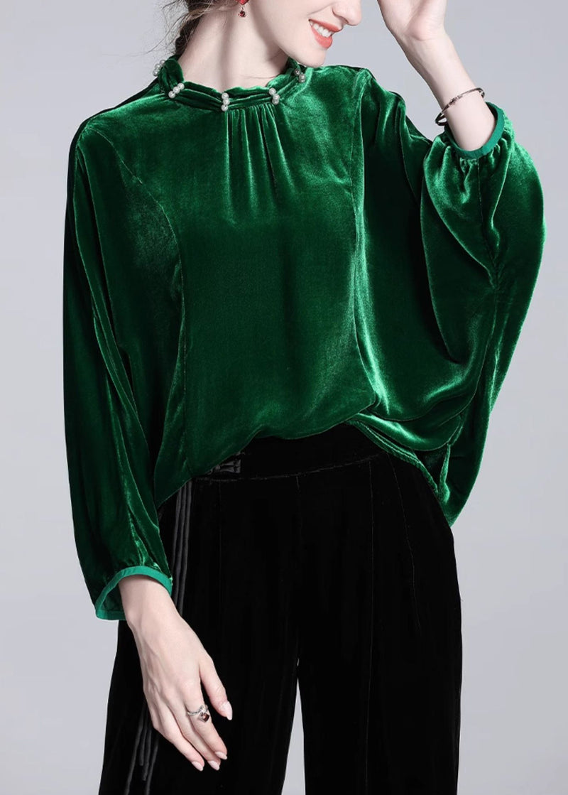 Loose Green Nail Bead Silk Velour Blouse Batwing Sleeve
