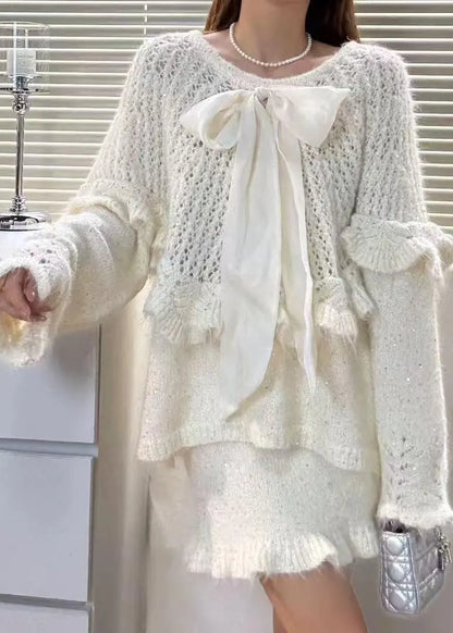 White Hollow Out Knit Two Pieces Set Bow Fall