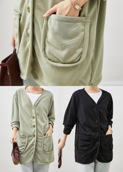 Black V Neck Pockets Cotton Coats Spring