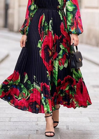 Classy Black O Neck Print Chiffon Exra Large Hem Dress Spring