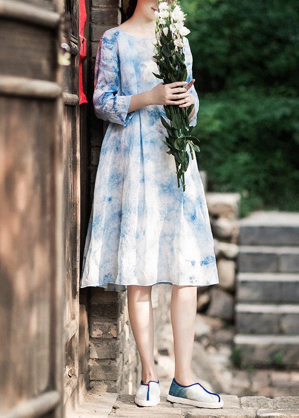 100% O-neck Half Sleeve Summer Blue Print Dress